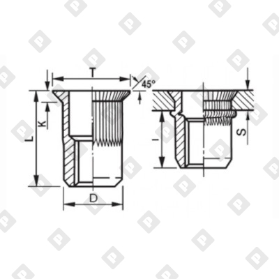 Заклепка M10x21 с внутренней резьбой и потайным бортиком, с насечками, алюминий - №2