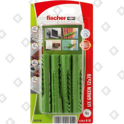 Универсальный эко дюбель Fischer UX 12x70 GREEN K NV, упаковка блистер  4 шт - №1